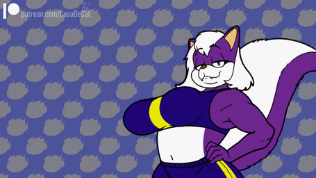 5_fingers anthro bedroom_eyes big_breasts bouncing_breasts breast_drop breasts closed_smile clothed clothing countershade_face countershade_torso countershading eyebrow_through_hair eyebrows featureless_breasts female fingers fur hair hammerspace hand_on_hip heterochromia hidden_buxom huge_breasts hyper hyper_breasts looking_at_viewer mouth_closed muscular muscular_anthro muscular_female narrowed_eyes navel patreon_logo pattern_background purple_body purple_fur raised_clothing raised_topwear seductive simple_background smile solo tail text topwear translucent translucent_hair under_boob white_hair calorie mike_and_melissa patreon melissa_mouffette mammal mephitid skunk 16:9 2025 2d_animation animated digital_media_(artwork) english_description frame_by_frame loop url widescreen