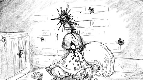 anthro armor blood blood_drip blood_on_face blood_splatter bodily_fluids box brain_matter brick bullet bullet_hole bullet_wound clothing coat container cracks dripping female flower headgear helmet military_uniform plant sitting solo topwear uniform dragonweirdo daisy_(dragonweirdo) mammal rodent sciurid tree_squirrel 16:9 hi_res monochrome widescreen