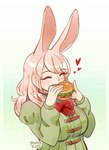 burger clothed clothing eating eating_food eyebrow_through_hair eyebrows eyes_closed female fingers food green_clothing hair holding_burger holding_food holding_object solo translucent translucent_hair powderrune anise_(powderrune) animal_humanoid humanoid lagomorph lagomorph_humanoid leporid_humanoid mammal mammal_humanoid rabbit_humanoid