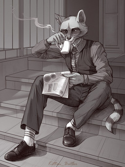 accessory anthro belt bottomwear claws clothed clothing container cup footwear fur holding_container holding_cup holding_newspaper holding_object inner_ear_fluff male necktie newspaper notched_ear pants shadow shirt shoes sitting sitting_on_stairs socks solo steam tail topwear tuft vest whiskers kitten_butler chicken_police zipp_h._murphy mammal procyonid raccoon 2025 3:4 hi_res signature