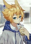 beverage blonde_hair blurred_background bubble_tea clothing drinking ear_piercing green_eyes hair holding_beverage holding_object hoodie looking_aside male piercing solo topwear shao_(artist) arknights hypergryph studio_montagne leonhardt_(arknights) animal_humanoid humanoid lagomorph lagomorph_humanoid leporid_humanoid mammal mammal_humanoid rabbit_humanoid 2020 absurd_res hi_res