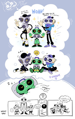 1_eye clothed clothing dream eyewear group headpat machine male size_difference sleeping smile sunglasses text nelnal deltarune undertale_(series) cap'n_(deltarune) k_k_(deltarune) sweet_(deltarune) darkner humanoid robot robot_humanoid 2021 comic english_text hi_res japanese_text