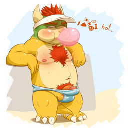 annoyed anthro balls barefoot barely_contained biped blowing_bubble_gum blush bodily_fluids body_hair bubble bubble_gum candy chest_hair circumcised clothed clothing dessert dialogue erection feet food front_view genitals gum hat headgear headwear humanoid_genitalia humanoid_penis inflating leaning leaning_backward looking_away male navel nipples non-mammal_balls non-mammal_nipples overweight overweight_anthro overweight_male pecs penis profanity pubes shell-less side_balls solo speedo standing sweat swimwear tenting text topless visor_cap hollonut mario_bros nintendo bowser koopa scalie 1:1 english_text pictographics