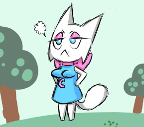 annoyed arms_bent blue_eyes bow_ribbon breasts clothed clothing dress female grass hair half-closed_eyes hand_on_hip narrowed_eyes plant pouting short_hair standing tail tree white_body unknown_artist animal_crossing bittersweet_candy_bowl nintendo lucy_(bcb) domestic_cat felid feline felis khao_manee mammal colored low_res tagme