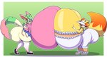 anthro big_breasts big_butt blush breasts butt clothed clothing dress duo female female/female footwear fur headgear headwear huge_breasts huge_butt hyper hyper_breasts hyper_butt jacket open_mouth pink_clothing pink_jacket pink_topwear simple_background smile socks tongue topwear yellow_body yellow_fur thiccbuns nintendo pokemon niki_(dofunut) eeveelution fennekin generation_4_pokemon generation_6_pokemon leafeon mammal pokemon_(species) absurd_res digital_media_(artwork) hi_res