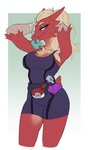 abstract_background accessory anthro blonde_hair blue_eyes bottomwear breasts chest_tuft clothing eyebrows eyelashes fanny_pack female fur hair hair_accessory hair_tie hair_tie_in_mouth half-closed_eyes hands_in_hair looking_at_viewer narrowed_eyes raised_arms red_body red_fur scrunchie scuted_arms scutes shirt shorts solo standing tank_top topwear tuft shycryptid nintendo pokemon blaziken generation_3_pokemon pokemon_(species) 2020 hi_res