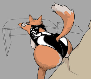 anthro bent_over big_butt bodysuit breasts butt clothing duo faceless_anthro faceless_character faceless_female faceless_human faceless_male female female_anthro furniture genitals grey_background human_on_anthro interspecies latex latex_bodysuit latex_clothing latex_skinsuit male male/female male_human nude_human nude_male orange_body penis penis_between_thighs sex simple_background skinsuit table thick_thighs thigh_sex tight_clothing wide_hips hieronymusjohnson canid canine human mammal