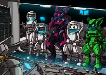 ambiguous_gender anthro group moon on_the_moon outside spacesuit kitfox-crimson scalie species_request character_request hi_res