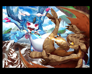 battle blue_hair brown_body chibi cloud cute_fangs detailed_background detailed_painting duo fangs fight fire flying hair horn kemono magic membrane_(anatomy) membranous_wings red_eyes tail teeth white_body wings yellow_eyes oisyo_team dreamworks european_mythology how_to_train_your_dragon mythology deathroast sifyro dragon fury_(httyd) mythological_creature mythological_scalie night_fury scalie western_dragon hi_res
