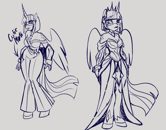 anthro clothing crown dress eyewear female glasses headgear horn looking_at_viewer looking_offscreen simple_background solo wings sarpiza friendship_is_magic hasbro my_little_pony mythology twilight_sparkle_(mlp) equid equine mammal mythological_creature mythological_equine winged_unicorn monochrome