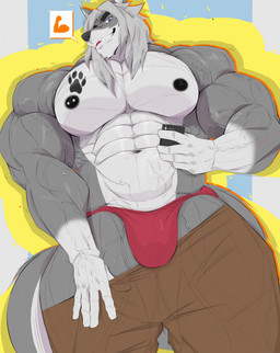 5_fingers abs anthro barbell_piercing biceps big_muscles big_pecs black_nipples blue_eyes bottomwear bottomwear_down cellphone clothed clothing deltoids electronics fingers forearm_muscles fur grey_body grey_fur hair holding_cellphone holding_object holding_phone jockstrap long_hair looking_at_viewer male mirror mirror_selfie muscular muscular_male nipple_barbell nipple_piercing nipples pants pants_down partially_clothed pecs phone piercing selfie shorts shorts_down smile smiling_at_viewer smirk smirking_at_viewer solo speech_box speech_bubble underwear vein veiny_muscles white_body white_fur white_hair reachea mac_b._howlin canid canine canis mammal wolf hi_res
