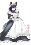 anthro black_hair clothed clothing eyewear female fully_clothed glasses hair looking_at_viewer maid_uniform purple_ribbon simple_background solo standing uniform white_background luvon felid mammal pantherine snow_leopard 2018