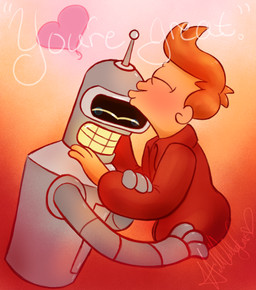 clothing duo hair jacket kissing machine male male/male orange_hair red_clothing red_jacket red_topwear topwear hillvalleycat 20th_century_fox comedy_central futurama bender_bending_rodríguez philip_j._fry human mammal robot hi_res