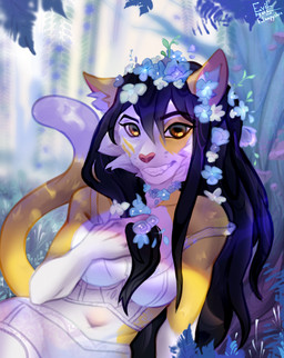 accessory anthro biped black_hair blurred_background bra breasts brown_eyes clothed clothing dark_hair ear_tuft facial_tuft female female_anthro flower flower_in_hair fur hair hair_accessory holding_hair lingerie_panties long_hair looking_at_viewer multicolored_body multicolored_fur orange_body orange_fur pink_nose plant smile solo touching_hair translucent translucent_clothing translucent_underwear tree tuft two_tone_body two_tone_fur underwear white_body white_fur evil_devil_killer evlampyshka amanda_markittie domestic_cat felid feline felis mammal artist_collaboration half-length_portrait hi_res portrait