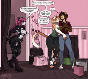 4_toes 5_fingers anthro areola biped black_body black_fur black_tail blue_eyes bottomwear breasts brown_body brown_fur brown_hair brown_tail claws clothed clothed_anthro clothed_female clothed_male clothing countershade_fur countershade_torso countershading dialogue eye_contact feet female fingers footwear front_view fully_clothed fully_clothed_anthro fully_clothed_female fully_clothed_male fur green_eyes group hair inside looking_at_another male navel nipples open_mouth pants partially_clothed partially_clothed_anthro partially_clothed_female pink_hair shoes small_waist speech_bubble standing tail teeth text thick_thighs toe_claws toes tongue topless topless_anthro topless_female topwear trio kittydee james_lovelace lei_knox samantha_knott bear canid canine felid feline giant_panda mammal 2025 digital_drawing_(artwork) digital_media_(artwork) english_text