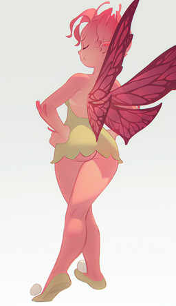 butt clothed clothing crossed_legs dress eyes_closed female fingers footwear hands_on_hips minidress no_underwear pink_body pink_skin rear_view shoes simple_background solo unusual_hair wings naitari dota valve mireska_sunbreeze_the_dark_willow fairy absurd_res hi_res