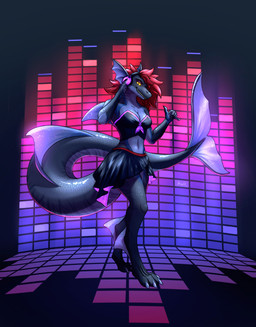 anthro barefoot biped bottomwear breasts clothed clothed_anthro clothed_female clothing crop_top electronics feet female female_anthro fully_clothed fully_clothed_anthro fully_clothed_female grey_body grey_scales hair headphones long_tail looking_at_viewer medium_breasts music navel non-mammal_breasts non-mammal_navel red_hair scales shirt skirt solo standing tail topwear azhax aquatic fish shark hi_res