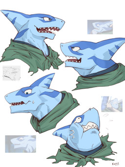 ambiguous_gender anthro blue_body blue_clothing blue_topwear bodily_fluids clothing disembodied_foot dot_pupils fangs feet fin flesh_fang front_view green_clothing green_topwear head_fin looking_aside looking_down looking_up mouth_closed multiple_angles multiple_expressions nervous nervous_sweat open_mouth open_smile pain pupils red_tongue side_view smile snout solo sweat sweaty_face teal_eyes teeth text tongue tongue_showing topwear white_sclera kuromonsart shangri-la_frontier araba_(shangri-la_frontier) aquatic fish shark 2025 3:4 absurd_res artist_name colored dated digital_drawing_(artwork) digital_media_(artwork) english_text headshot_portrait hi_res japanese_text portrait reference_image male_(lore)