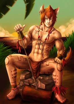 5_fingers abs arrow_(weapon) biceps biped bodypaint bottomwear brown_clothing clothed clothing detailed_background ear_piercing fingers front_view green_eyes hair jewelry light_body light_skin log loincloth loose_feather male muscular muscular_humanoid muscular_male necklace orange_hair orange_tail pecs piercing plant ranged_weapon rock short_hair shrub sitting smile solo tail topless weapon wood karulox animal_humanoid canid canid_humanoid canine canine_humanoid dog_humanoid humanoid mammal mammal_humanoid 2012 digital_media_(artwork)