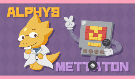 ambiguous_gender anthro barefoot buckteeth chibi clothed clothing coat duo electronics eyewear feet female front_view gesture glasses gloves grey_body hand_gesture handwear holding_microphone holding_object knob lab_coat machine metallic_body microphone scales screen screen_face shirt simple_background smile standing tail teeth text thick_tail three-quarter_view topwear v_sign wheel yellow_body yellow_scales ririkodraw undertale undertale_(series) alphys mettaton lizard reptile robot scalie english_text hi_res letterbox