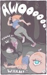 awoo blue_eyes chasing clothed clothing female fleeing footwear forest grass hair howl onomatopoeia outside plant red_hair running scared shoes simple_background sneakers solo sound_effects text tree tripping circumjacentity human mammal comic digital_media_(artwork) flat_colors hi_res