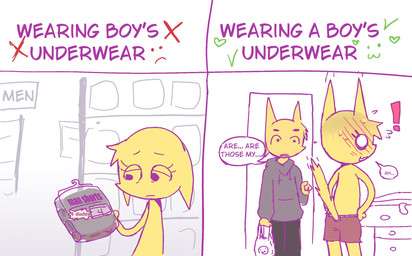 :3 anthro black_bottomwear black_clothing black_pants blonde_hair blush blush_lines blushing_profusely bodily_fluids bottomwear boxer_briefs boxers_(clothing) boxers_only caught_in_the_act clothed clothing dialogue dresser duo erect_tail exclamation_point eyelashes female flying_sweatdrops furgonomic_underwear furgonomics furniture gesture grey_clothing grey_hoodie grey_topwear hair half-closed_eyes hand_gesture heart_symbol hoodie male narrowed_eyes pants pointing shopping shopping_bag sweat sweatdrop tail text topless topwear underwear underwear_only yellow_body zedkat domestic_cat felid feline felis mammal 2026 comic english_text hi_res