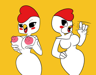 anthro areola avian_caruncle beak big_breasts black_eyes blush breasts comb_(anatomy) fellatio_gesture female gesture head_crest la_pechugona nipples one_eye_closed solo suggestive suggestive_gesture white_body anonymous_artist avian bird chicken galliform phasianid hi_res