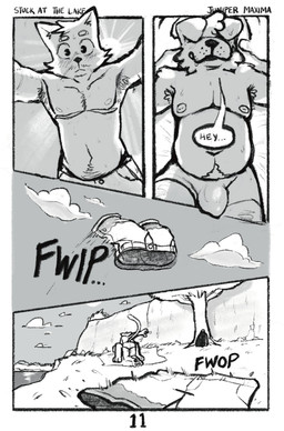 anthro armpit_hair body_hair bottomwear bulge clothed clothing cloud detailed_bulge dialogue duo eyes_closed floppy_ears grass happy_trail lake male male/male male_anthro mastectomy_scar moobs nipples obscured_eyes onomatopoeia plant scar shorts slightly_chubby sound_effects sun text topless topless_anthro topless_male tree underwear undressing water junipermaxima rory_(junipermaxima) sean_(junipermaxima) canid canine canis domestic_cat domestic_dog felid feline felis mammal absurd_res comic english_text hi_res monochrome trans_(lore) trans_man_(lore)