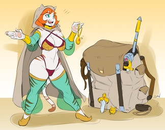 anthro backpack bra canteen clothed clothing dagger female g-string legwear melee_weapon open_mouth skimpy smile solo stockings thick_thighs underwear weapon wide_hips dsan felid mammal