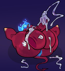 balls big_balls big_butt bodily_fluids butt cum femboy fire flaming_hair genital_fluids genitals long_nose male pseudo_hair short tail inkyproduction jack_(inkyproduction) demon humanoid imp monster absurd_res hi_res