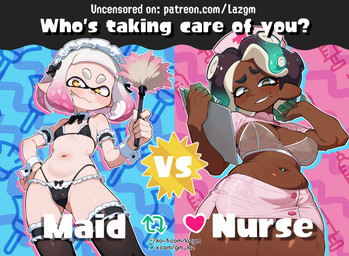 big_breasts bikini bottomwear bra breasts cleaning_tool clothing duo feather_duster female huge_breasts humanoid_pointy_ears legwear maid_uniform not_furry nurse_clothing pointy_ears pseudo_hair skirt stomach_piercing swimwear tentacle_hair tentacles text thigh_highs translucent translucent_clothing two-piece_swimsuit underwear uniform gm_laz nintendo splatoon marina_(splatoon) pearl_(splatoon) aquatic cephalopod humanoid inkling mollusk octarian octoling hi_res url