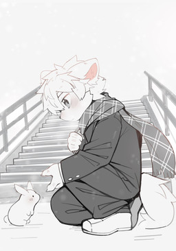 anthro bottomwear breath clothing critter jacket kemono kneeling looking_down male on_one_knee pants scarf simple_background solo stairs topwear white_background young young_anthro young_male eisuke_art mammal 2025 hi_res partially_colored