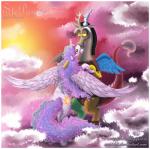 antlers blush border cloud cutie_mark duo feathered_wings feathers female feral fur hair horn kissing male multicolored_hair outside purple_eyes red_eyes romantic romantic_ambiance romantic_couple sky white_body white_fur wings stepanda friendship_is_magic hasbro my_little_pony mythology discord_(mlp) princess_celestia_(mlp) chimera draconequus equid equine mammal mythological_creature mythological_equine winged_unicorn colorful_theme hi_res watermark