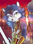 anthro armor art_nouveau bracers breasts cleavage clothed clothing ear_piercing ear_ring female hair jewelry melee_weapon piercing ring_piercing solo sunset sword weapon conditional_dnp jonas nintendo star_fox krystal_(star_fox) canid canine fox mammal 3:4 hi_res