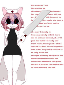 anthro black_eyes blush clothing eyeshadow female fur hair headgear headwear knife lipstick makeup melee_weapon nurse nurse_clothing nurse_headwear pink_hair red_eyes red_eyeshadow red_lipstick smile solo sword teeth text weapon white_body white_fur anonymous_artist terrible_mouse fan_character domestic_cat felid feline felis mammal 3:4 character_name english_text model_sheet portrait