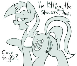 anus bodily_fluids cutie_mark female feral genital_fluids genitals hair horn looking_at_viewer nude open_mouth quadruped solo tail text vaginal_fluids vulva crade friendship_is_magic hasbro my_little_pony mythology lyra_heartstrings_(mlp) equid equine mammal mythological_creature mythological_equine unicorn hi_res source_request