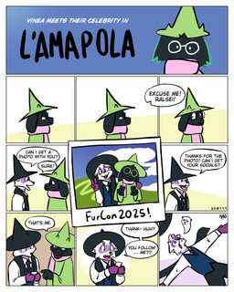 4_fingers anthro black_scarf clothed clothed_anthro clothing convention day dialogue duo eyewear fingers furcon gesture glasses green_clothing hair hand_gesture hat headgear headwear horn humor multiple_panels photo pince-nez polaroid_photo scarf slice_of_life speech_bubble tail text v_sign wearing_glasses wizard_hat borealhao conditional_dnp deltarune lamapola undertale_(series) ralsei vinea_(lamapola) bovid caprine domestic_ferret goat mammal mustelid musteline true_musteline weasel 2025 absurd_res comic crossover english_text hi_res