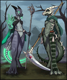4_toes abs anthro biped black_border bone bone_mask border breasts duo feet female genitals looking_at_viewer magic_user mask medium_breasts melee_weapon navel necromancer nipples non-mammal_breasts non-mammal_navel non-mammal_nipples outdoor_nudity paws polearm scales scythe skull skull_mask smile staff tail toes vulva weapon witch fr0stbit3 myst_(fr0stbit3) lizard reptile scalie digital_drawing_(artwork) digital_media_(artwork) hi_res