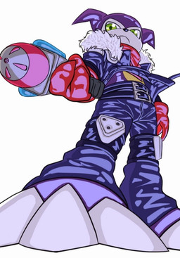anthro belt bottomwear clothing green_eyes jacket kerchief leather leather_bottomwear leather_clothing leather_jacket leather_pants leather_topwear low-angle_view male neckerchief neckwear pants purple_body solo topwear toy toy_gun bsrvfgrke8egvsw bandai_namco digimon digimon_(species) impmon hi_res