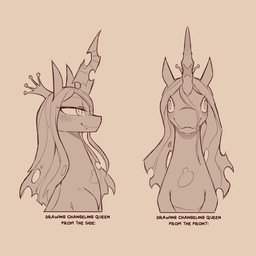 blush blush_lines closed_smile crown cute_fangs eyelashes fangs female feral front_view hair headgear horn humor mane mouth_closed narrowed_eyes side_view smile solo teeth text cold-blooded-twilight friendship_is_magic hasbro my_little_pony queen_chrysalis_(mlp) changeling_(mlp) 1:1 2026 english_text hi_res meme monochrome sepia