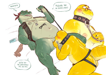 anthro anthro_on_anthro anthro_penetrated anthro_penetrating anthro_penetrating_anthro bodily_fluids bottomless chain_necklace clothed clothing collar cum cum_in_mouth cum_inside dialogue dildo dog_tags duo eyewear eyewear_only facial_piercing fellatio floating_eyebrows genital_fluids glasses glasses_only jewelry jockstrap leash leash_pull leashed_collar male male/male male_penetrated male_penetrating male_penetrating_male mature_male necklace nipples non-mammal_nipples nose_piercing nose_ring nude open_clothing open_topwear open_vest oral overweight overweight_anthro overweight_male penetration penile penile_penetration piercing ring_piercing sex sex_toy smile speech_bubble submissive submissive_male text topwear topwear_only underwear vest vest_only wearing_glasses banana_da_boi crocodile crocodilian lizard reptile scalie absurd_res english_text hi_res