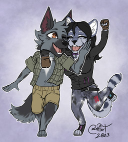 anthro black_hair bottomwear cheering chibi clothed clothing denim denim_bottomwear denim_clothing duo female footwear fur grey_body hair happy hug jacket jeans male open_clothing open_mouth open_shirt open_topwear pants shirt shoes shorts simple_background topwear walking blokfort alex_(helinon) neriya_(helinon) australian_shepherd canid canine canis domestic_dog herding_dog mammal pastoral_dog sheepdog 2023