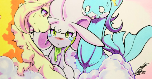 ambiguous_gender anthro beak blue_body blue_feathers blush blush_lines bodily_fluids embarrassed empty_eyes eyelashes feathers feral fire flaming_hair flaming_mane fur green_eyes group open_beak open_mouth pink_eyes pseudo_hair pseudo_mane purple_body simple_background sweat tail tears tongue trio yellow_body yellow_fur 025aki nintendo pokemon altaria avian bird equid equine generation_1_pokemon generation_3_pokemon generation_6_pokemon goodra mammal pokemon_(species) rapidash 2026 absurd_res dated hi_res signature