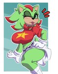 anthro big_breasts biped blep blush bottomwear breasts clothed clothing eyelashes female fingers gloves green_body hand_on_hip handwear one_eye_closed pupils red_clothing red_shirt red_topwear shirt skirt smile solo thick_thighs tongue tongue_out topwear wide_hips wink azura_inalis eulipotyphlan hedgehog mammal 2025 absurd_res hi_res