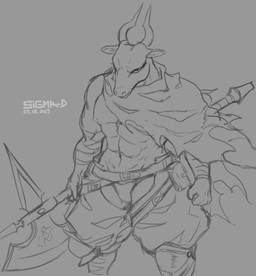 2_horns abs anthro axe belt biped bottomwear cape clothed clothing fingers holding_axe holding_object holding_weapon horn male melee_weapon muscular muscular_anthro muscular_male pants pecs simple_background solo standing text torn_clothing underwear weapon wraps sigma-d bovid bovine cattle mammal 2023 artist_name digital_media_(artwork) hi_res monochrome