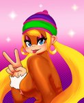 anthro beanie blonde_hair blue_eyes breasts clothing ear_piercing ear_ring female fur gesture hair hand_gesture hat headgear headwear orange_body orange_fur piercing ring_piercing side_boob side_view solo v_sign adriasart donkey_kong_(series) nintendo tiny_kong ape chimpanzee haplorhine mammal pan_(genus) primate absurd_res hi_res