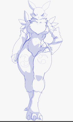 3_fingers anthro arm_tuft armwear athletic big_breasts black_nose breasts bridal_gauntlets chest_tuft claws clothing countershade_torso countershading curvy_figure eyebrows featureless_breasts featureless_crotch female fingers frown fur fur_markings hand_on_hip leg_markings long_ears looking_at_viewer markings muscular muscular_anthro muscular_female navel neck_tuft pose shoulder_tuft simple_background solo standing thick_thighs thigh_markings tomoe_(symbol) tuft white_background white_body white_countershading wide_hips dclaret dclaretxrevolt bandai_namco digimon canid digimon_(species) mammal renamon shaded sketch unfinished