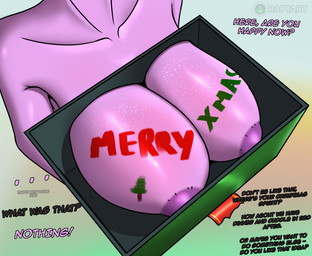 anthro big_breasts bodypaint box breasts christmas_clothing christmas_headwear clothing container ear_piercing ear_ring eyeshadow female fur gift_box green_clothing hat headgear headwear holidays makeup nipples piercing pink_body pink_fur pokemorph purple_eyes red_eyes ring_piercing santa_hat smile text r3ptart christmas nintendo pokemon fan_character eeveelution espeon generation_2_pokemon pokemon_(species) hi_res