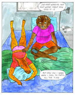 ambiguous_gender anthro bed blue_eyes bodily_fluids boxers_(clothing) brown_body brown_fur butt cellphone clothing comforting crossed_legs crosslegged_pose crying dialogue duo electronics feet fur furniture green_eyes hand_on_another's_back humanoid_feet humanoid_hands lying male on_bed on_front open_mouth orange_boxers orange_clothing orange_underwear panties phone pink_clothing pink_panties pink_underwear plantigrade purple_clothing purple_shirt purple_topwear red_clothing red_nose red_shirt red_topwear sad shirt sitting smartphone soles tears text topwear underwear whiskers lisa_hanawalt deer domestic_cat felid feline felis mammal moose new_world_deer comic english_text hi_res traditional_media_(artwork) female_(lore)