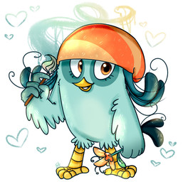 anthro beak blue_body blue_feathers brush clothing feathers female hat head_feathers headgear headwear holding_brush holding_object holding_paintbrush paintbrush pattern_clothing pattern_hat pattern_headgear pattern_headwear smile solo striped_clothing striped_hat striped_headgear striped_headwear stripes yellow_beak milanaart angry_birds angry_birds_stella rovio_entertainment sega the_angry_birds_movie willow_(angry_birds) avian bird columbid crowned_pigeon pigeon